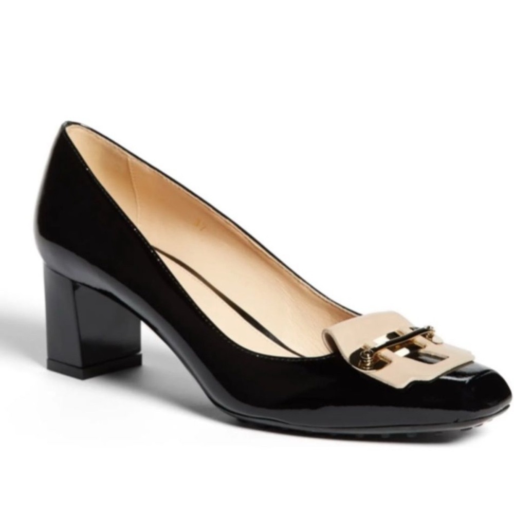Tod’s Black Patent Leather Apron Flap Pump Heels Sz 41